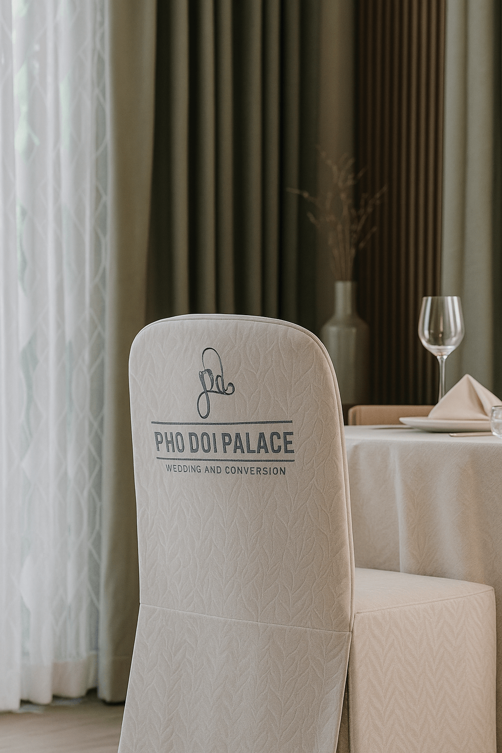 Khăn bàn áo ghế dệt logo nhà hàng tiệc cưới