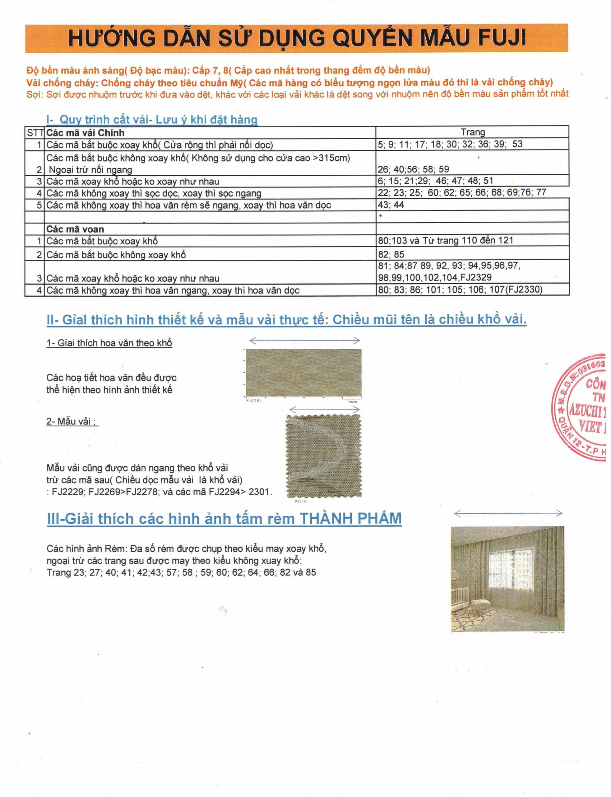 Hướng dẫn sử dụng các mã vải nhà FuJi