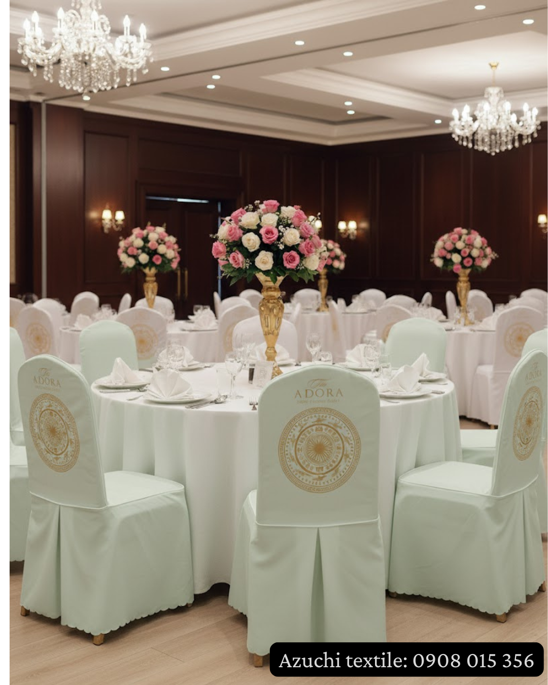 Áo Ghế Dệt Logo Cho Nhà Hàng Tiệc Cưới