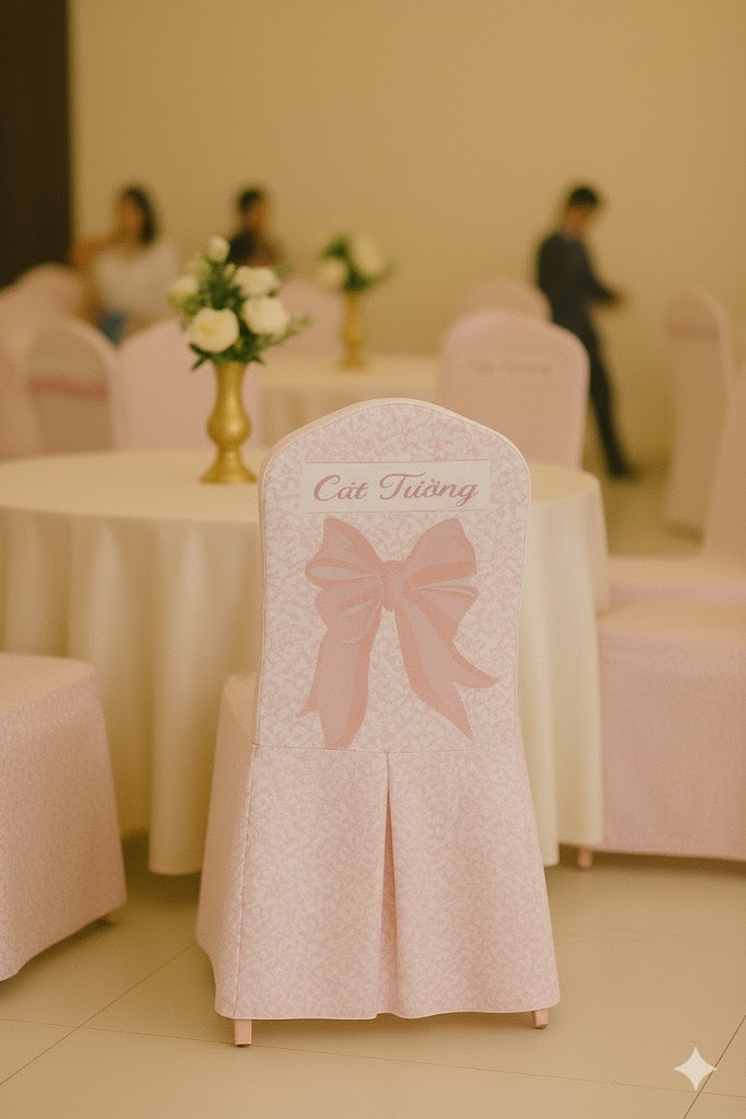 Áo Ghế Dệt Logo Cho Nhà Hàng Tiệc Cưới
