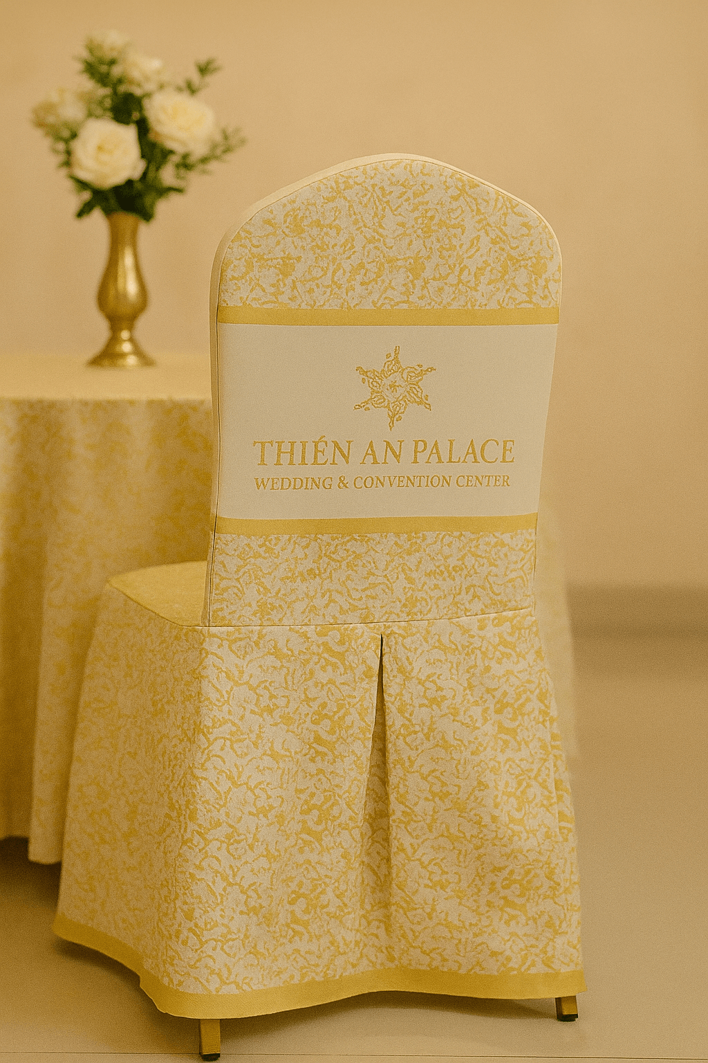 Áo Ghế Dệt Logo Cho Nhà Hàng Tiệc Cưới