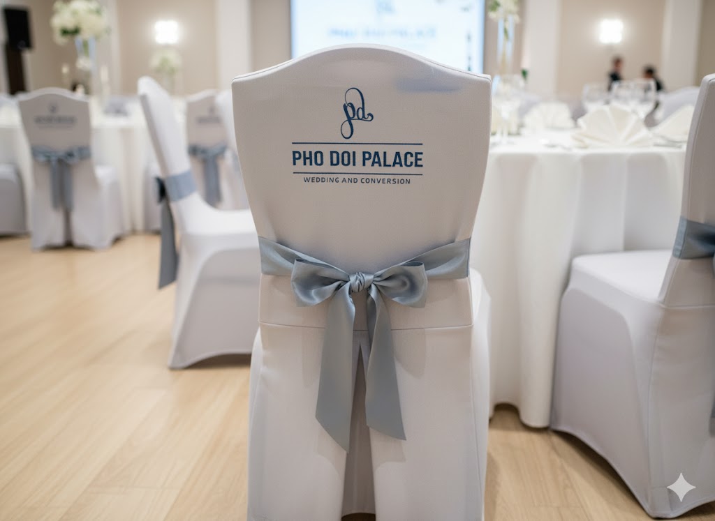Áo Ghế Dệt Logo Cho Nhà Hàng Tiệc Cưới